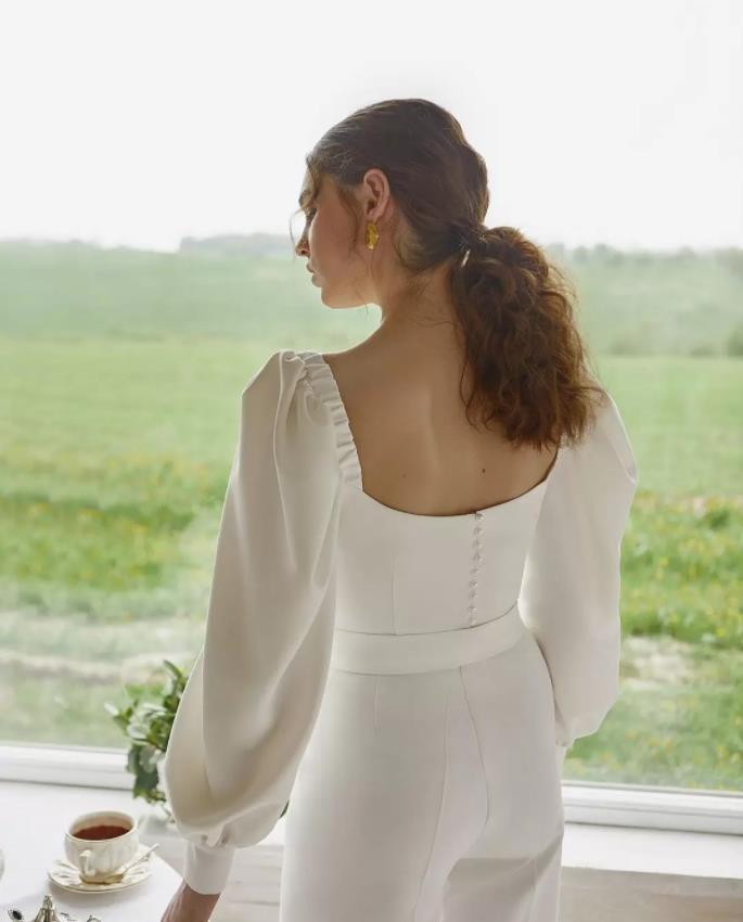 Squre Neck Wedding Jumpsuit with Long Sleeve Modest Beach Bohemian Outdoor Bridal Dress Pant Suit vestidos para boda de dia