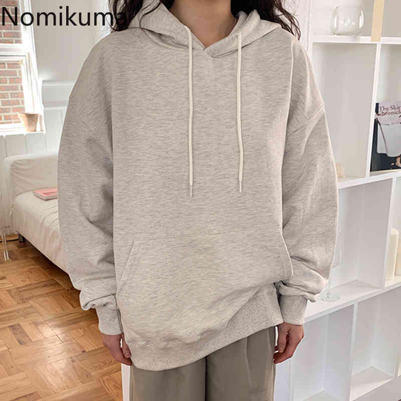 Nomikuma Autumn Winter Plus Velet Women Hooded Sweatshirt Long Sleeve Causal Solid Hoody New Korean Hoodies Jumper 6C714 210427