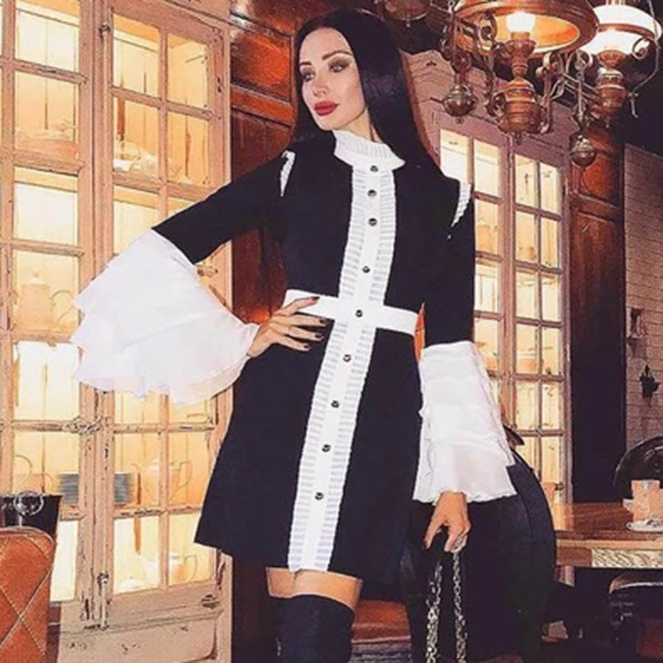 Free Elegant Women Dress Round Neck Ruffle Sleeve Single Breasted Bodycon Mini Club Party Vestidos 210524