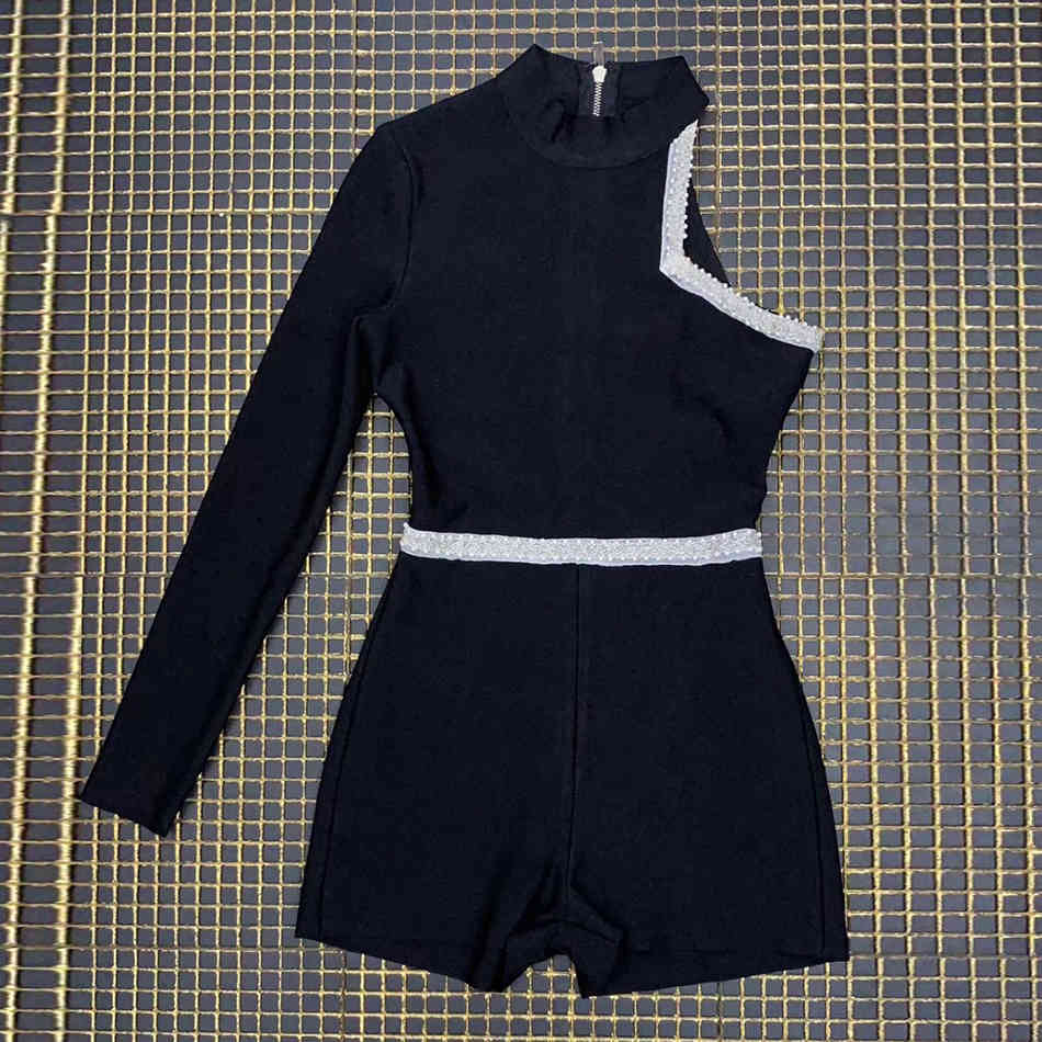 Free Sexy Beading One Shoulder Long Sleeve Black Bandage Summer Women Elegant Bodycon Club Party Jumpsuit Shorts 210524