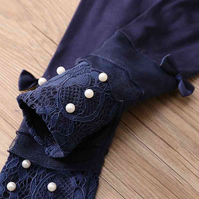 Spring Autumn 2 3 4 6 8 10 Year Children Dark Blue Beige Long Pears Bow Lace Basic Leggings For Little Baby Kids Girl 210701