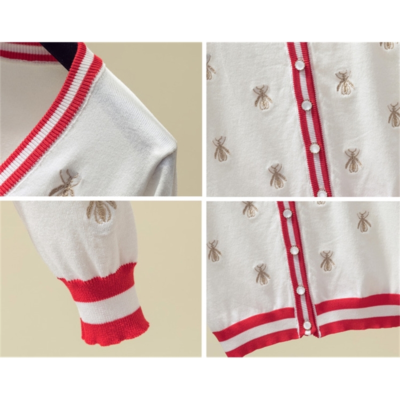 Spring Autumn Knitted Bees Embroidered Cardigan Sweater Women Long Sleeve V-neck Fashion Korean Ladies Tops Sweaters White Black 210514