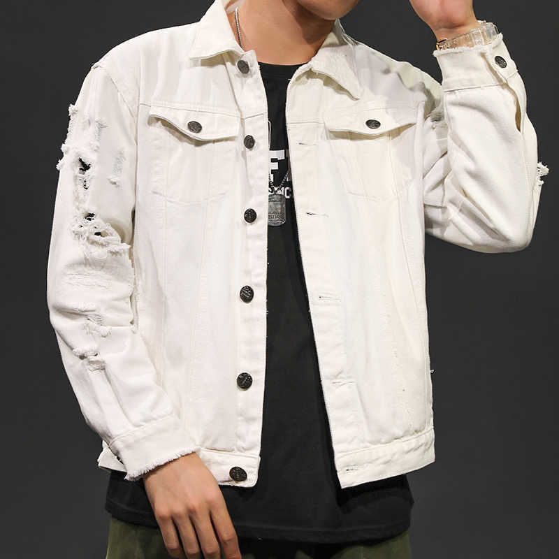 Pink black white Men Ripped jeans Jackets Hip Hop Holes Fashion Men Women Streetwear Distressed Casual Denim Coat Plus Size 5XL 201026