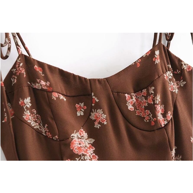 Summer France Tie Bow Strap Coffee Floral Print Camis Women Retro Girl Sexy Back Elastic Ruched Slim Crop Top Short Tees 210429