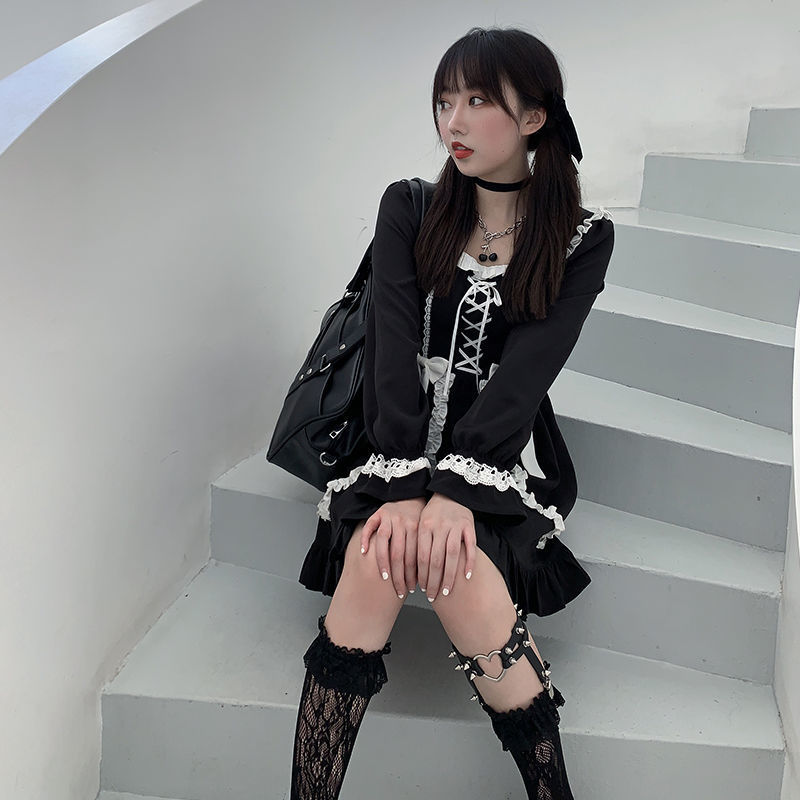 Japanese Lolita Gothic Dress Girl Patchwork Vintage Bandage Mini Robe Kawaii Clothes Fall es for Women 210519