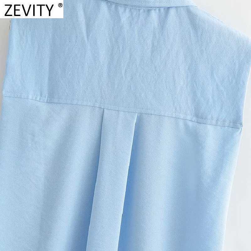 Zevity Women Simply Breasted Solid Color Sleeveless Vest Shirt Office Ladies Pocket Blouse Roupas Chic Chemise Tops LS9278 210603