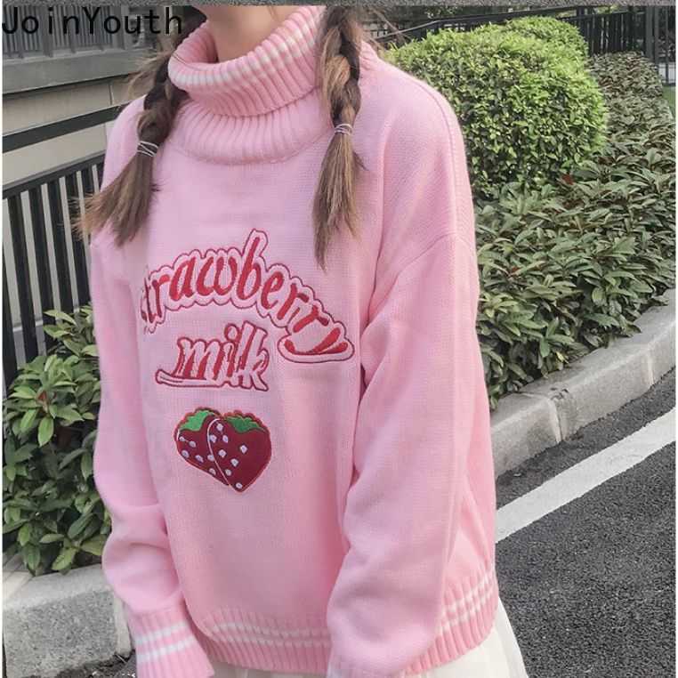Joinyouth Turtleneck Sweater Sweet Embroidery Strawberry PKnitted Pullovers Ropa Mujer Wear Oversized Loose Jumper Pull Femme 210914