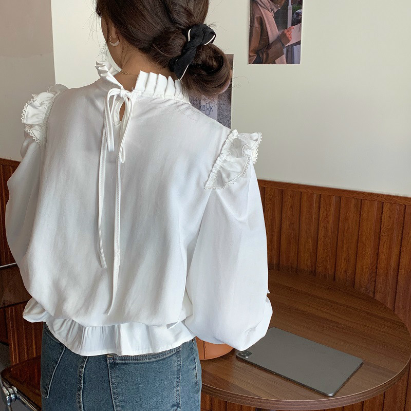 Nomikuma Causal Slim Waist Flare Sleeve Blouse Women Korean Stand Neck Shirt Spring New Pullover Blusas Mujer De Moda 6D864 210427