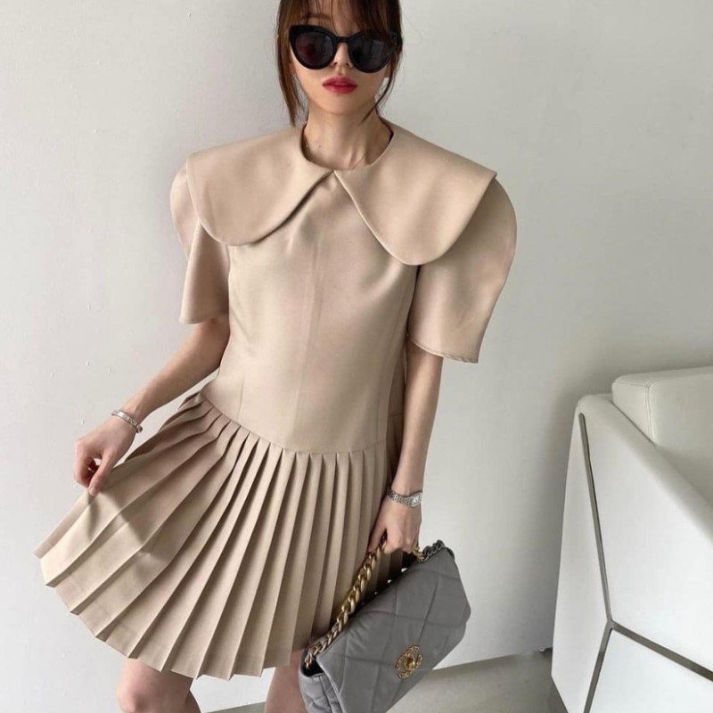 Women Casual Dress Summer Korean Chic Ladies Sweet Doll Collar High Waist Puff Sleeve Stitching Pleated Mini Dress Vestidos 210518