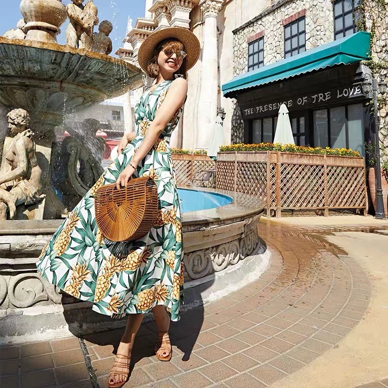 Female Sundress Women Summer Dress Sexy Backless Pineapple printed Vintage Vestidos Floral Boho Plus Size Dresses 210421