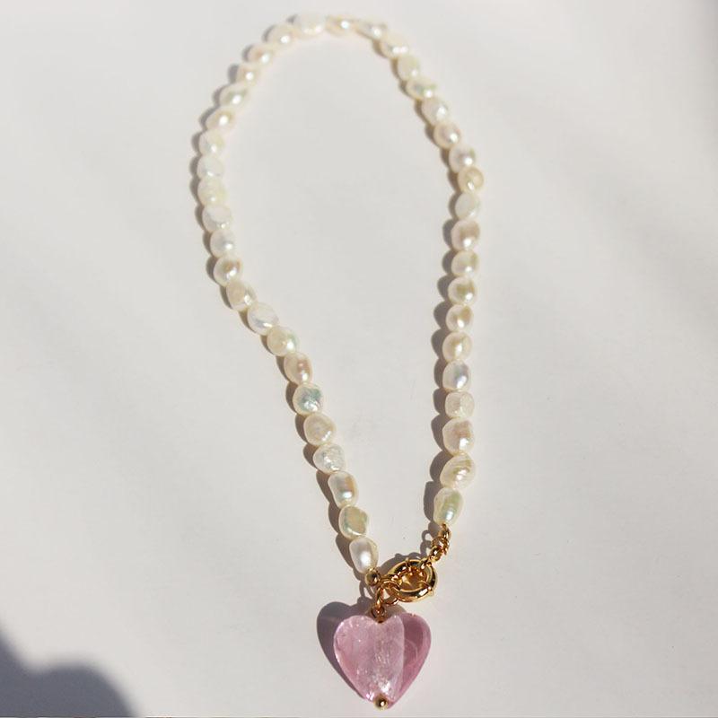 Real Baroque Pearl Necklace With Heart Charm Pink Blue Red Green Crystal Love Pendant Summer Bohemia Outer Banks Necklaces