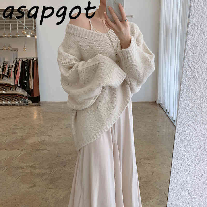 Retro Korean Chic Solid V Neck Batwing Sleeve Pullovers Sweater Knitted Top Loose Lace Patchwork Spaghetti Strap Dress Gentle 210429