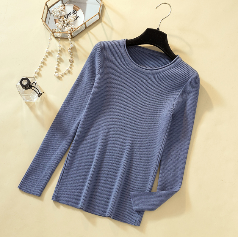 fashion Korean version of simple pure color O-neck long-sleeve knited shirt female Autumn winter slim based shirt 7249 50 210518