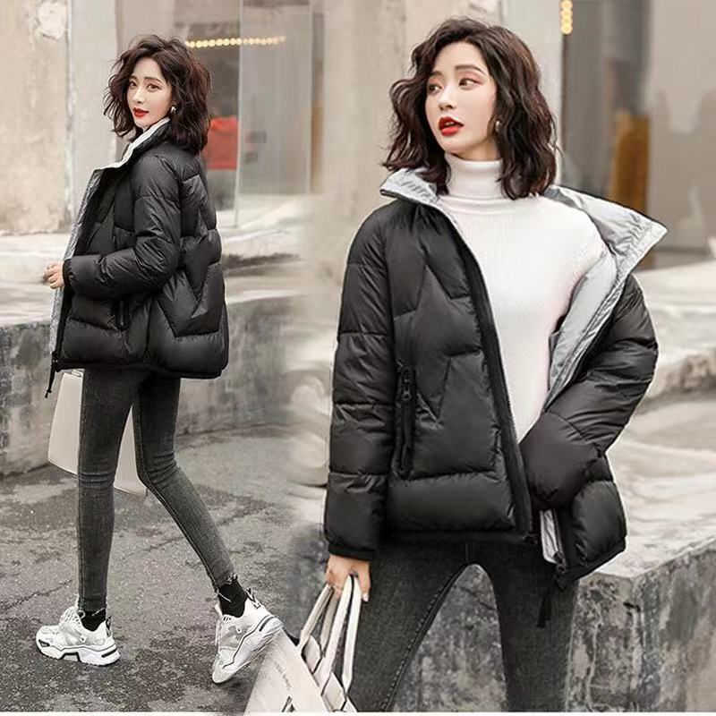 Women's Short Cotton-padded Jacket Shiny Cotton Down Padded Pocket Keep Warm Korean Style Loose Stand Collar Thick Coat 211013
