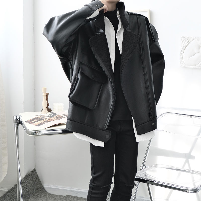 IEFB Autumn winter clothes men's deconstruction asymmetric thickening one piece of fur PU leather jacket large size 9Y4644 210524