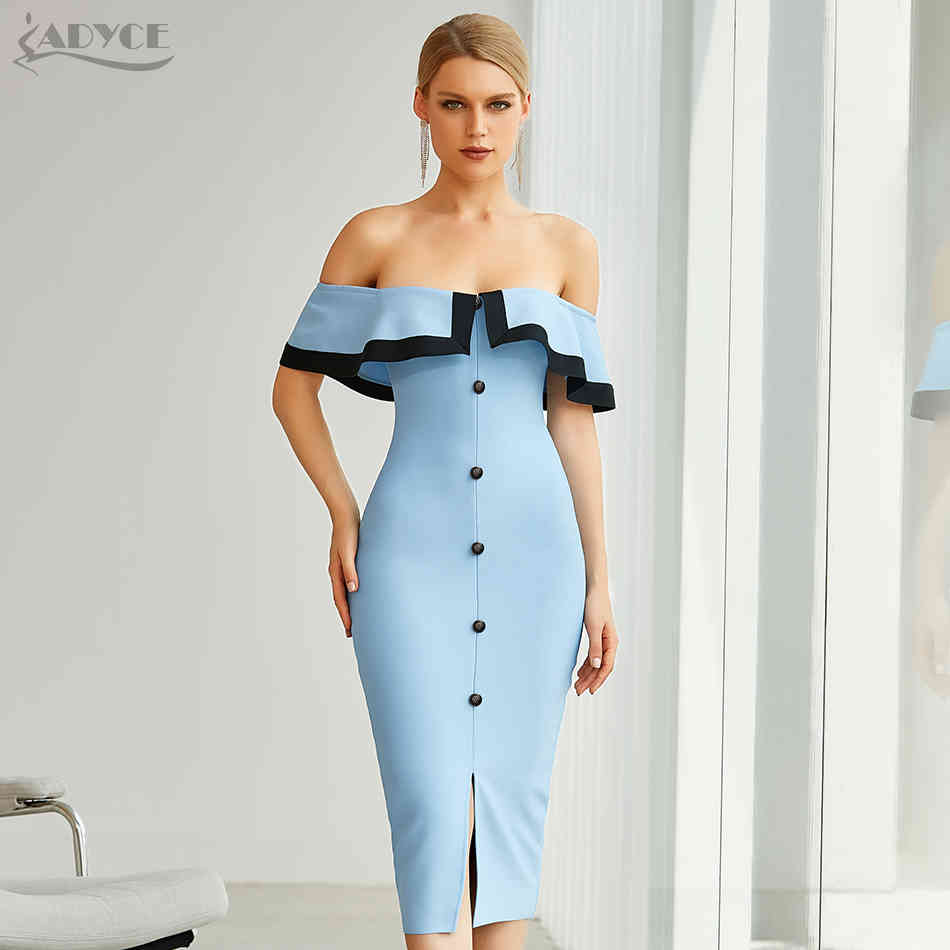 Summer Women Off Shoulder Midi Club Bandage Dress Sexy Buttons Blue Bodycon Celebrity Evening Runway Party 210423