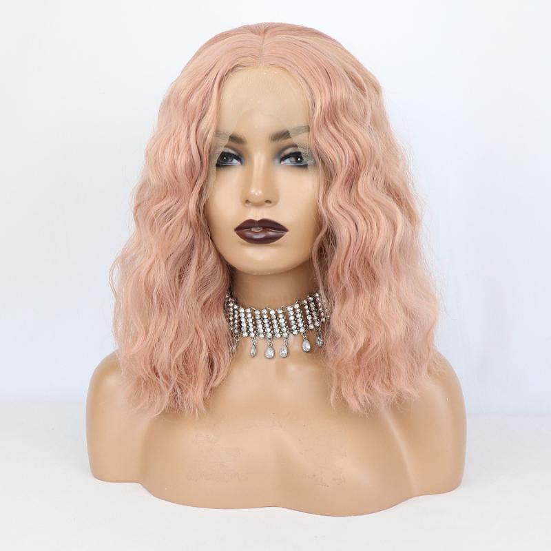 Synthetic Wigs Pink Color Short Bob Water Wave Lace Front Pre Plucked Cosplay Glueless Frontal For Black Women