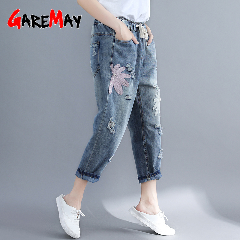 Light Blue Distressed Ripped Jeans For Women Boyfriends Midi Loose Hole Summer With Elastic Female Plus Size High Waist 210428