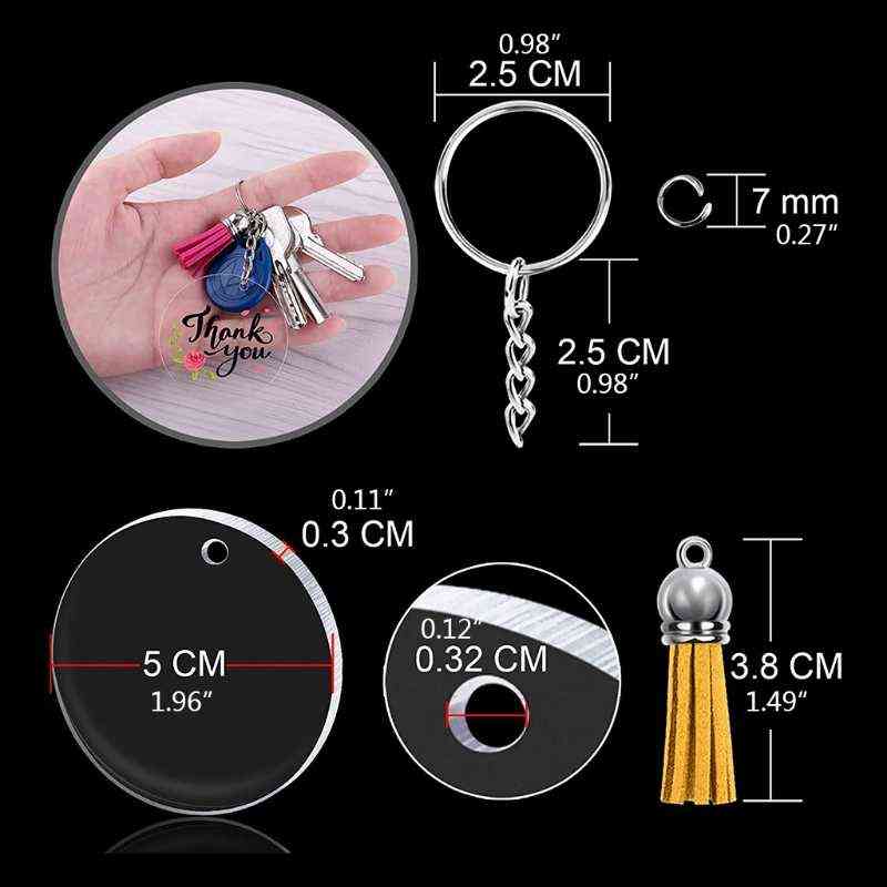 48 Pcs Acrylic Keychain Blanks with Key Rings Round Clear Discs Circles Colorful Tassel Pendant Jump Rings for DIY Craft H1126