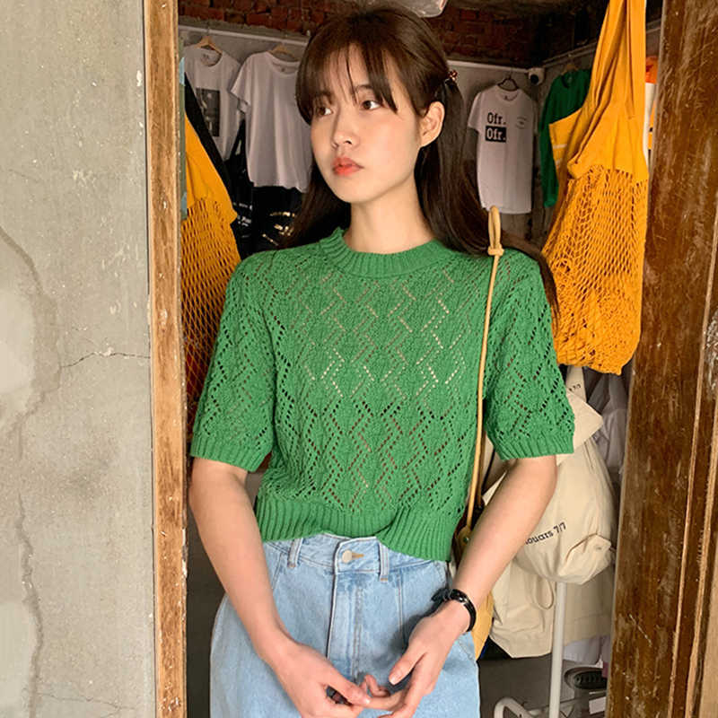 Korejpaa Women T-Shirt Summer Korean Chic Girl Western Style All-Match Round Neck Hollow Thin Puff Sleeve Knitted Pullovers 210526