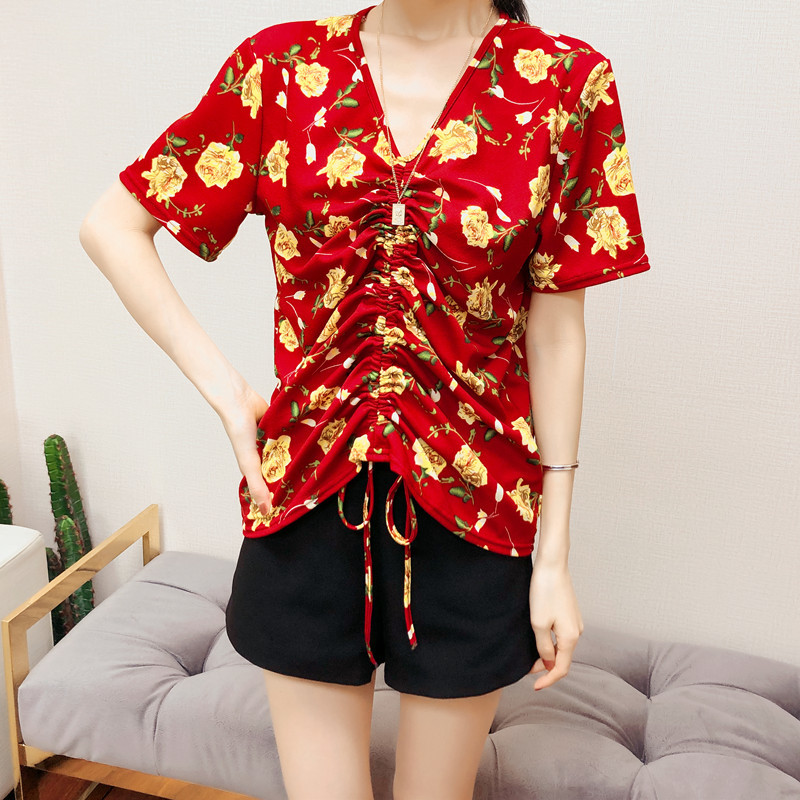 Blusas Mujer De Moda Summer Blouse Women Print Short Sleeve Tops Elegant Office Lady V-neck Shirt Drawstring Top 9848 210506