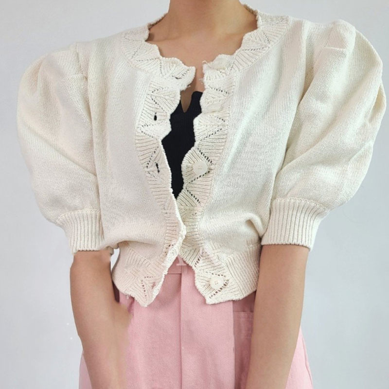 Lucyever Button Up Puff Sleeve Knitted Cardigan Women Summer Casual Streetwear Thin Sweater Woman Short Sleeves Vintage Cardigan 210521