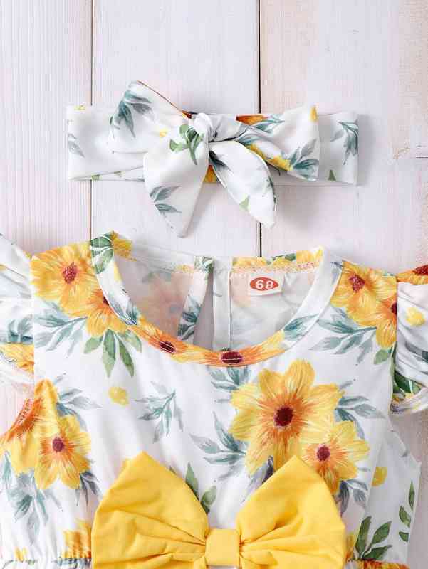 Baby Floral Print Ruffle Sleeve Bow Front Bodysuit & Headband SHE