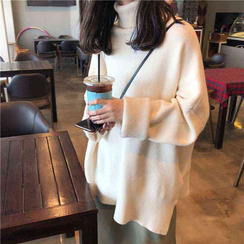 Turtleneck Collar Sweater Spring Autumn Pattern Long Sleeve Solid Knitting Pulloveres Overszie Casual Women Black Blue 211123wtt