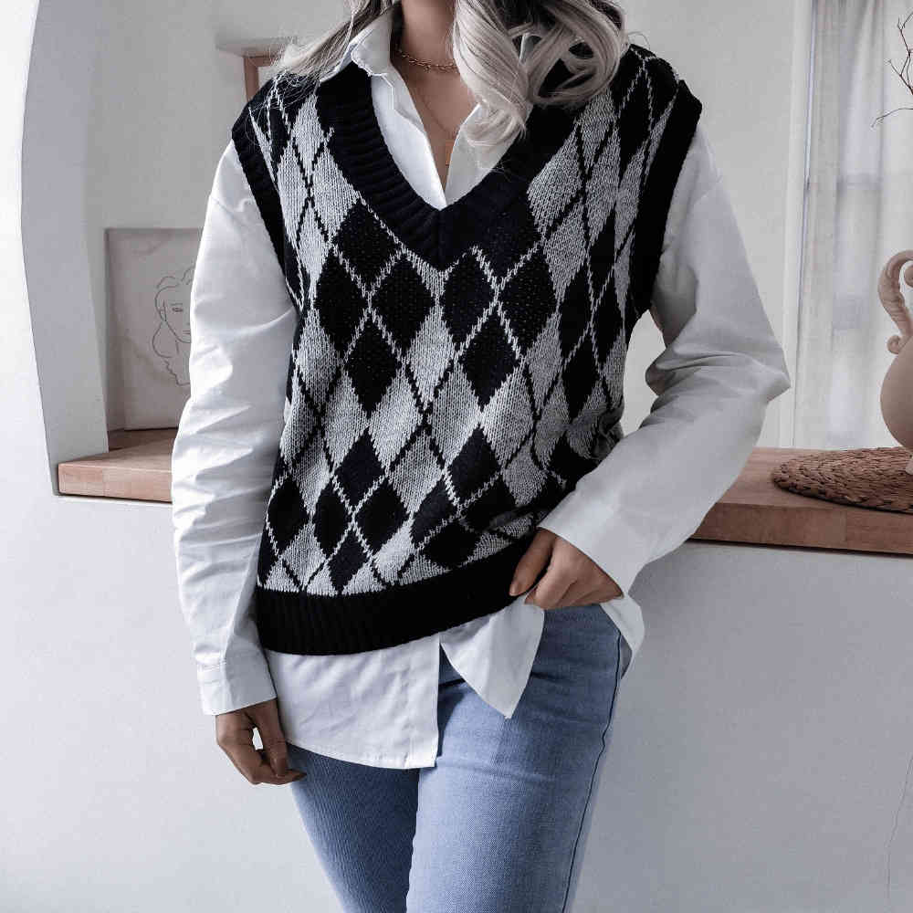 Fashion diamond-shaped V-neck casual loose knit vest sweater female sleeveless knitted sweaters for women High Street 210508
