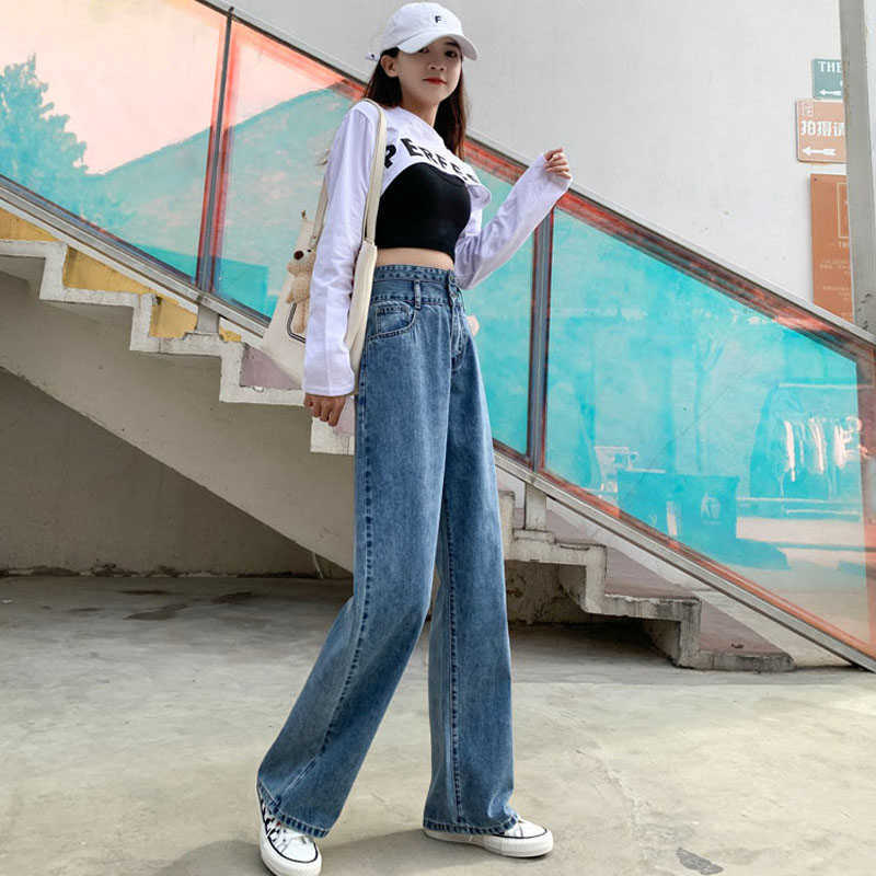 Straight Jeans Women Plus Size High Waisted Denim Pants Wide Leg Vintage Streetwear Full Length Trousers Spring Summer 210922