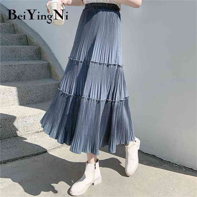 Beiyingni Pleated Skirt Women Vintage Casual Chiffon Shift Long High Waist Skirts Womens Patchwork Midi Saia Black White Faldas 210619