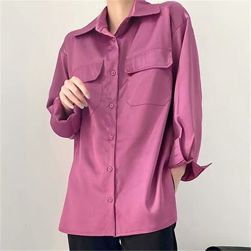 Elegant Women Purplish Red Shirts Fashion Ladies Turn Down Collar Pocket Tops Causal Female Chic Satin Soft Blouse 210430