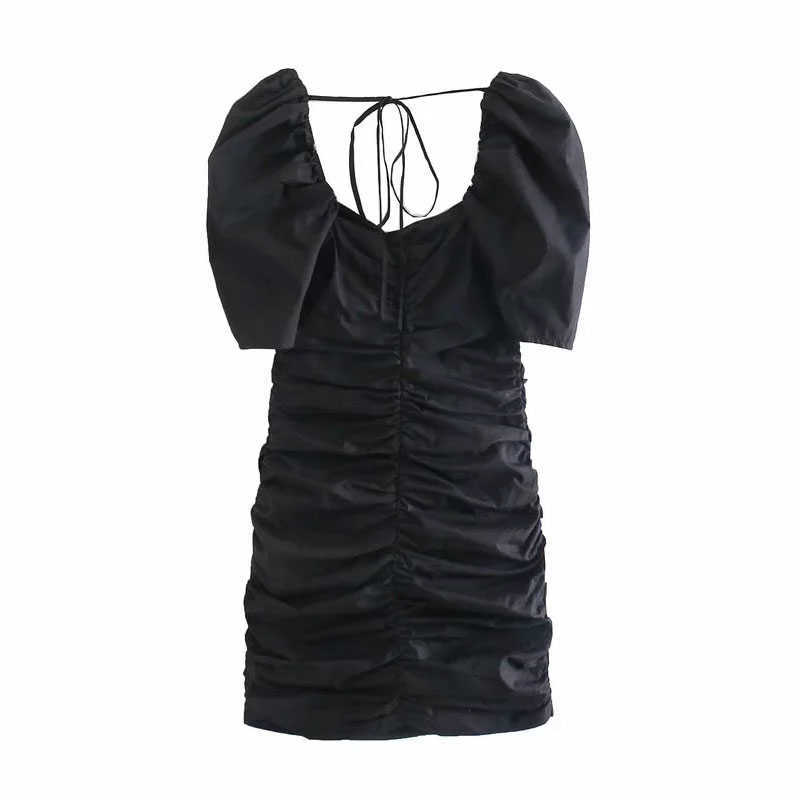 Dres solid French square collar pleated slim open back lace up bubble sleeve women's Mini Skirt 04 210628