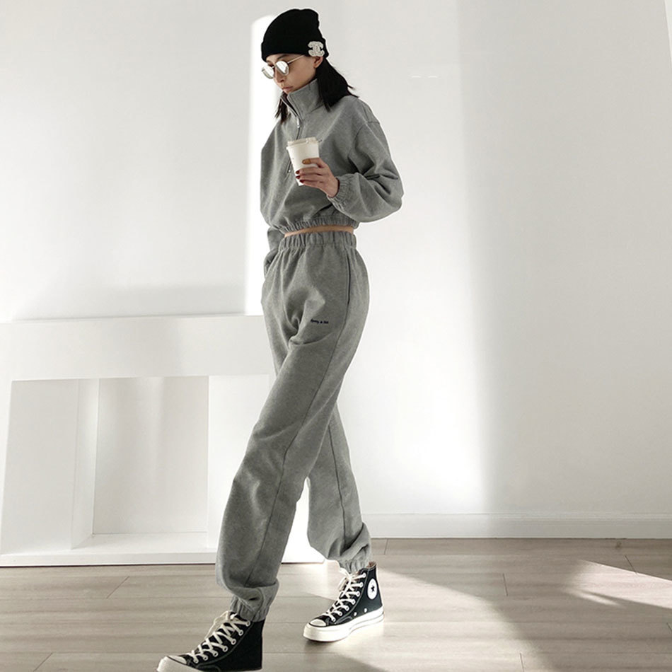 Free Ladies Women Sweatshirt Set Casual Zipper Stand Collar Long Sleeve Pullover Sweater & Pants Two-piece Se 210524