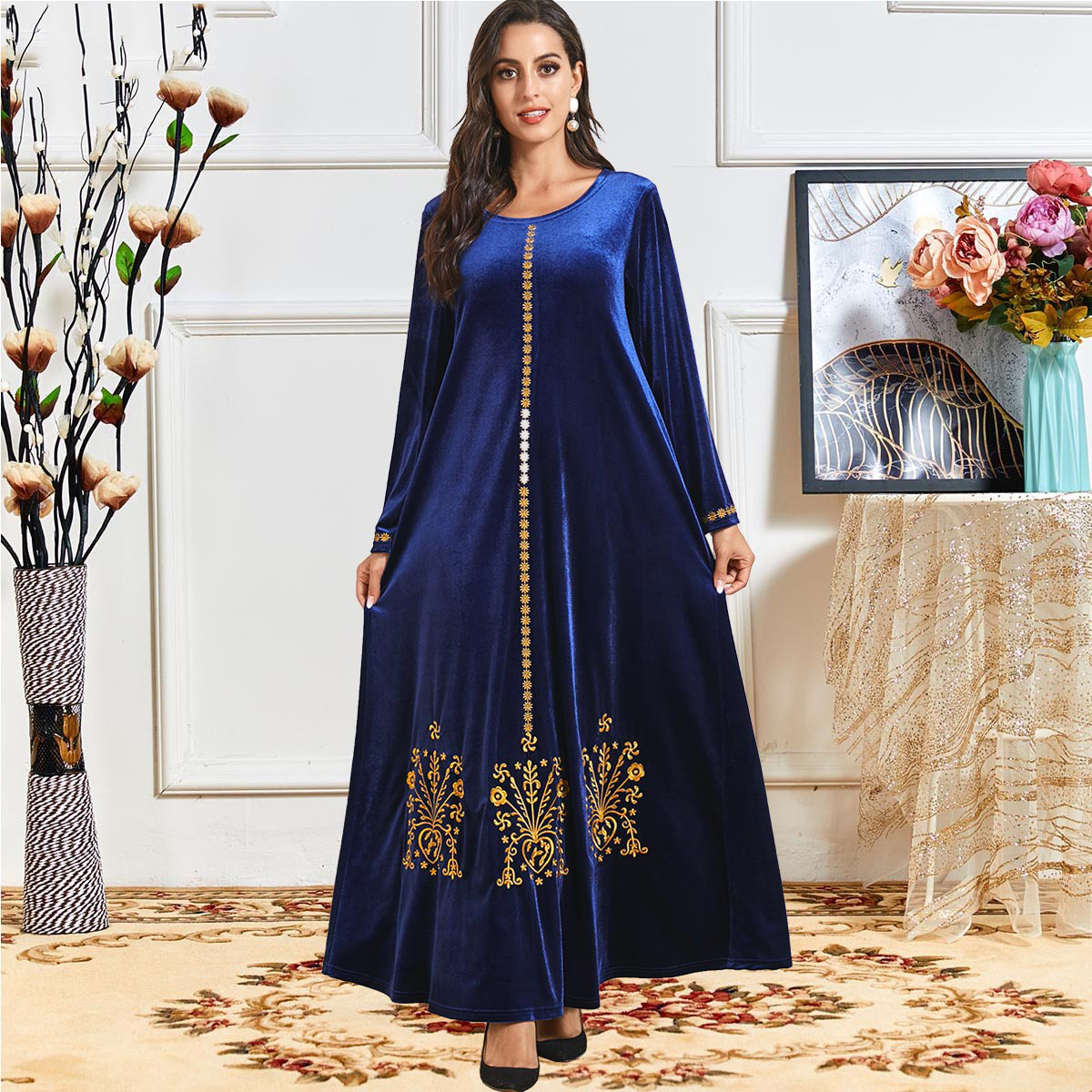 Elegant Veet Muslim Dress Women Big Swing A-line Maxi Dress Embroidery Jubah Long Robe Abaya Dresses Islamic Clothing Elbise
Elegant Veet Muslim Dress Women Big Swing A-line Maxi Dress Embroidery Jubah Long Robe Abaya Dresses Islamic Clothing Elbise