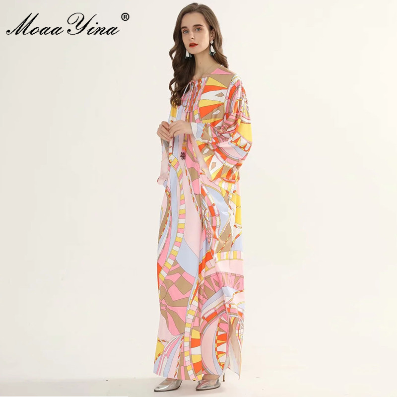 Fashion ner dress Autumn Women's Dress Batwing Sleeve Geometric Print Plus Size Loose Maxi Robe Dresses 210524