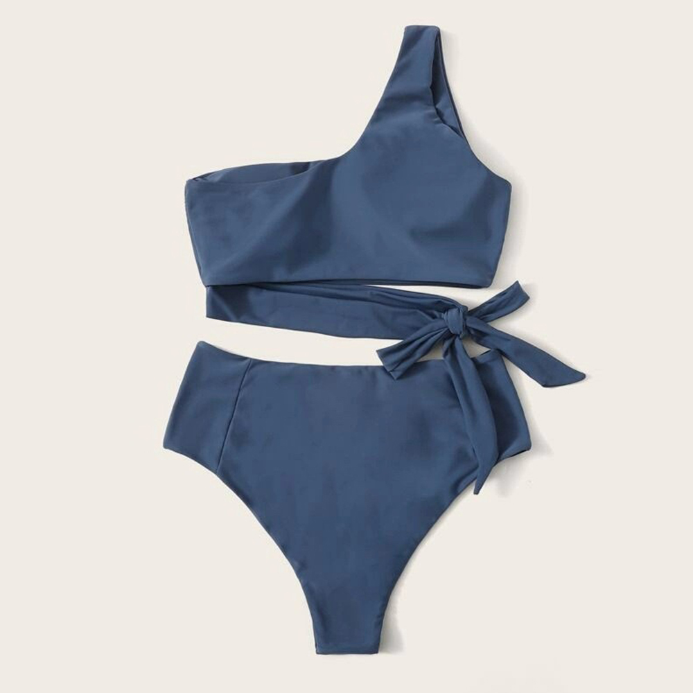 Sexy Bikini Women High Waist Swimsuit One Shoulder Swimwear Female Solid Set Brazilian Bathing Suit Summer Beach Wear XXL 210521