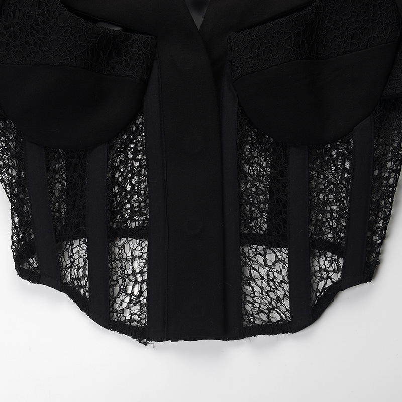 [DEAT] Nothed Collar Hollow Out Lace Patchwork Fishbone Waist Pockets Long Sleeve Black Suit Jacket For Women Spring GX427 210428