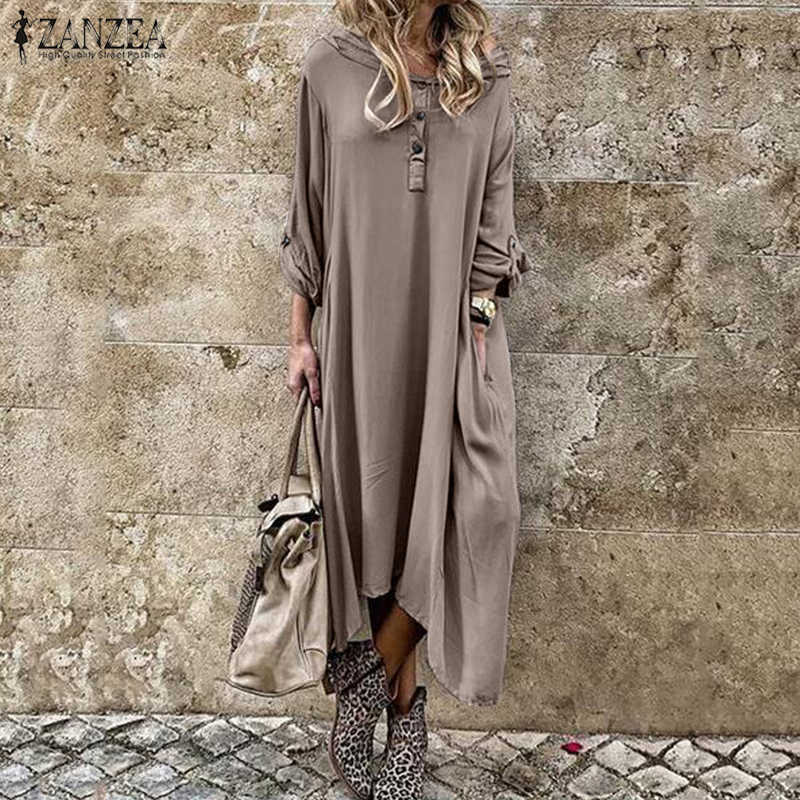 Women's Autumn Hooded Sundr2021 ZANZEA Kaftan Solid Shirt DrCasual Midi Vestidos Female Button Solid Robe Oversized X0529