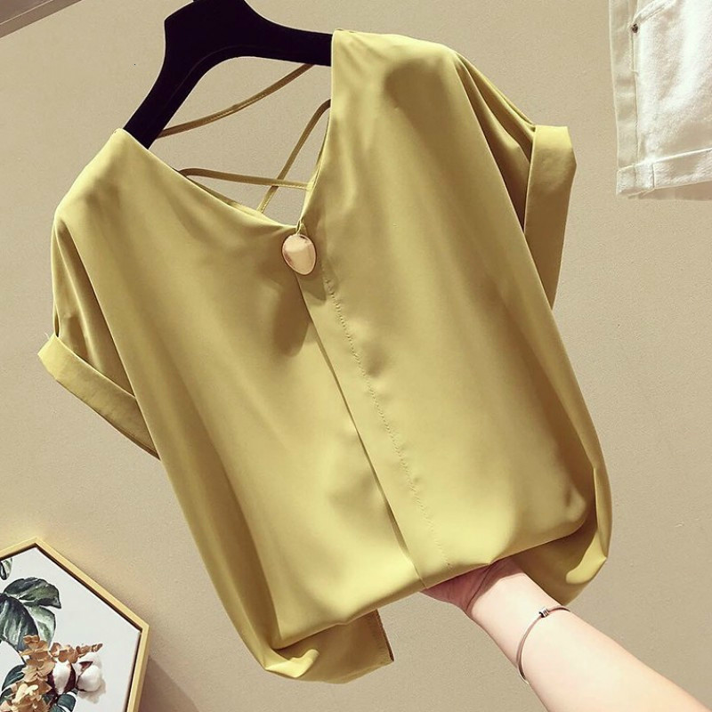 Solid V-neck Chiffon Blouse Women Blusas Mujer De Moda Summer Korean Short Sleeve Office Lady Yellow Clothes Blusa 9306 50 210506