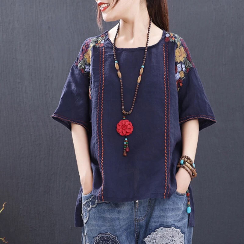 Summer Style Women Tshirt Plus Size Loose Casual Short Sleeve Tee Shirt Femme Cotton flower Embroidery Vintage Tops Big HX5 210512