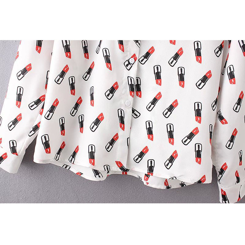 Korean Version Slim Long-sleeved Lipstick Printed Chiffon Shirt Autumn Simple Wild Elegant Women's Shirt White Black Female Tops 210507