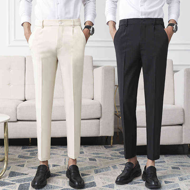 Men Non-iron fabric Dress Pants Slim Straight Black Apricot Dark Gray Casual Suit Pants Male Business Little Feet Suit pants 211112