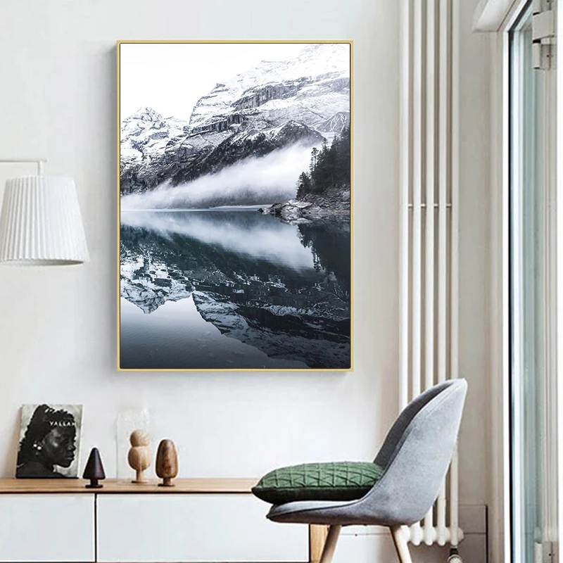 Mountain Lake Foggy Reflection Canvas Painting Nordic Nature Landscape Posters and Prints Wall Art Picture Modern Bedroom Decor