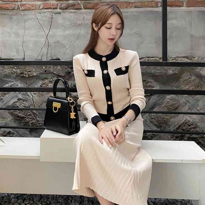 Autumn And Winter Knitted Cardigan Two Pieces Sets Single Breasted Full Sleeve High Waist Pleated Long Skirt Women Suit 210520