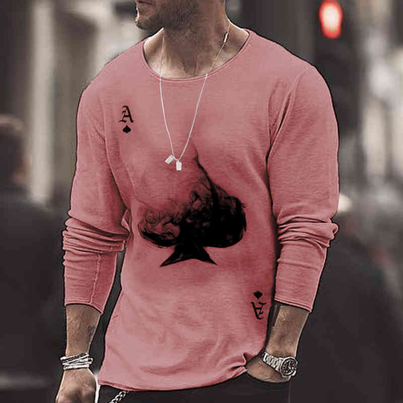 Summer Mens Clothing Long Sleeve T Shirt Men Black A Print Round Neck Shirts Casual Ace of Spades Slim Fit Tshirts Tops 210515
