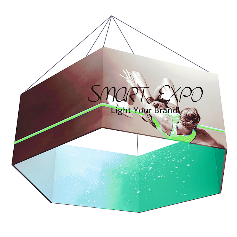 Hexagon Shaped Hang Sign Advertising Display Sexangle Ceiling Banner With Custom Logo Printing Flat Carry Bag Pack