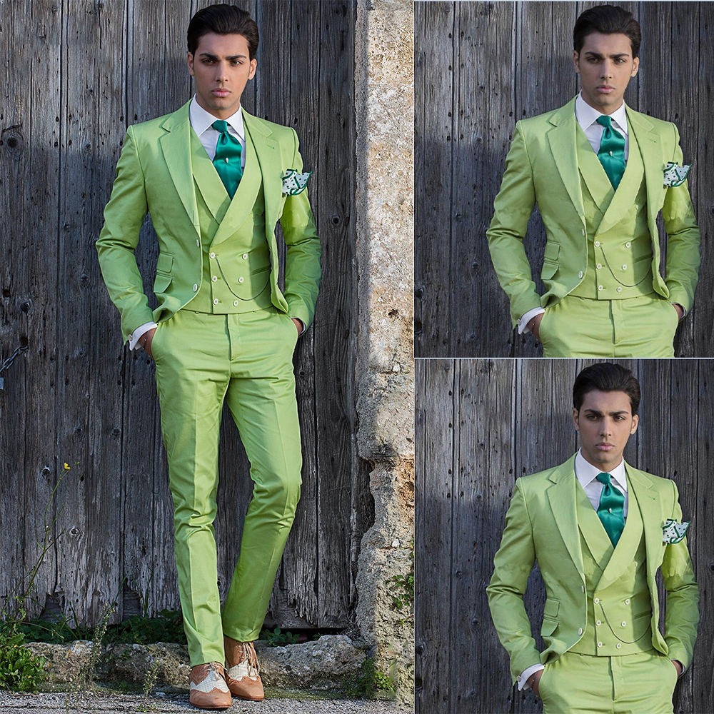 Green Men Suits Three Pieces Business Suit Custom Made Casual Polyester Coat Office Outfit