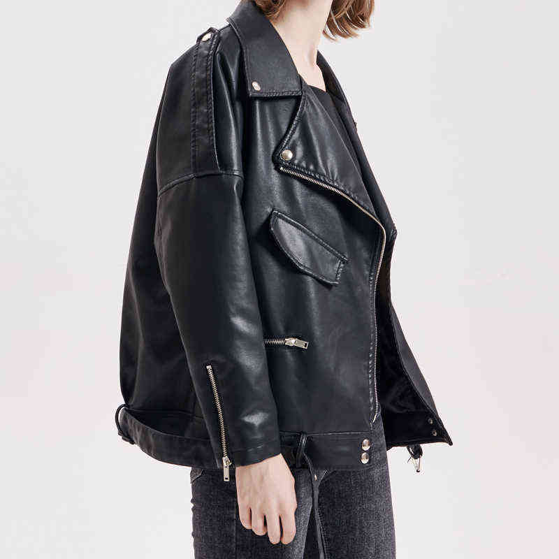 Fitaylor Autumn Women Faux Soft Leather Loose Jacket Coat Turndown Collar Zipper Pu Motorcycle Overcoat Female Rivet Punk Jacket 211130