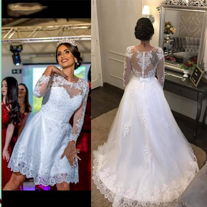 Long Sleeves Two Pieces Wedding Dress 2022 With Flowers Lace Appliqued A Line White Ivory Tulle Bride Dresses Robe De Mariee Garden Bridal Gowns Jewel